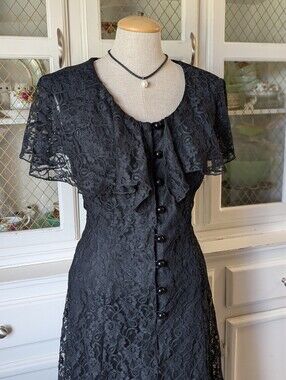 🖤VTG 80s Witchy Whimsigoth Black Lace Corset Midi Dress Button Front Grunge 90s